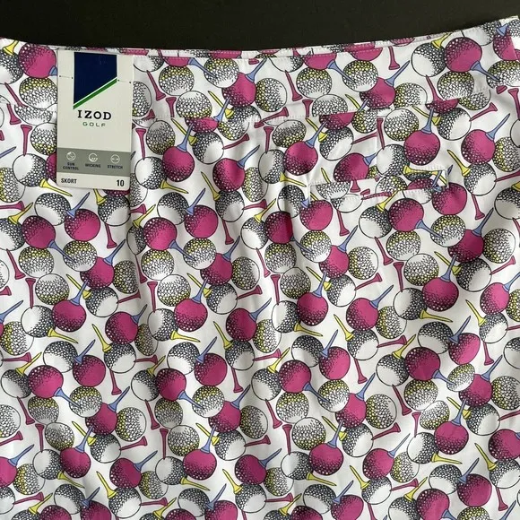 Izod Golf Skort Skirt Size 10 NEW Pockets Stretch White Pink Blue Balls Tees