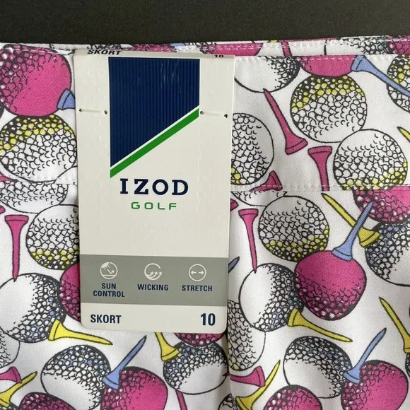 Izod Golf Skort Skirt Size 10 NEW Pockets Stretch White Pink Blue Balls Tees