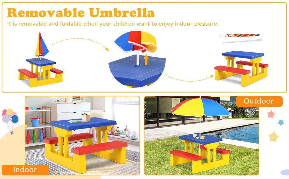 Kids Picnic Folding Table and Bench Set with Umbrella