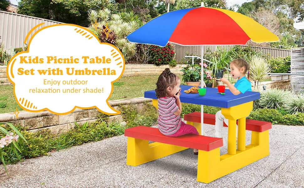 Kids Picnic Folding Table and Bench Set with Umbrella