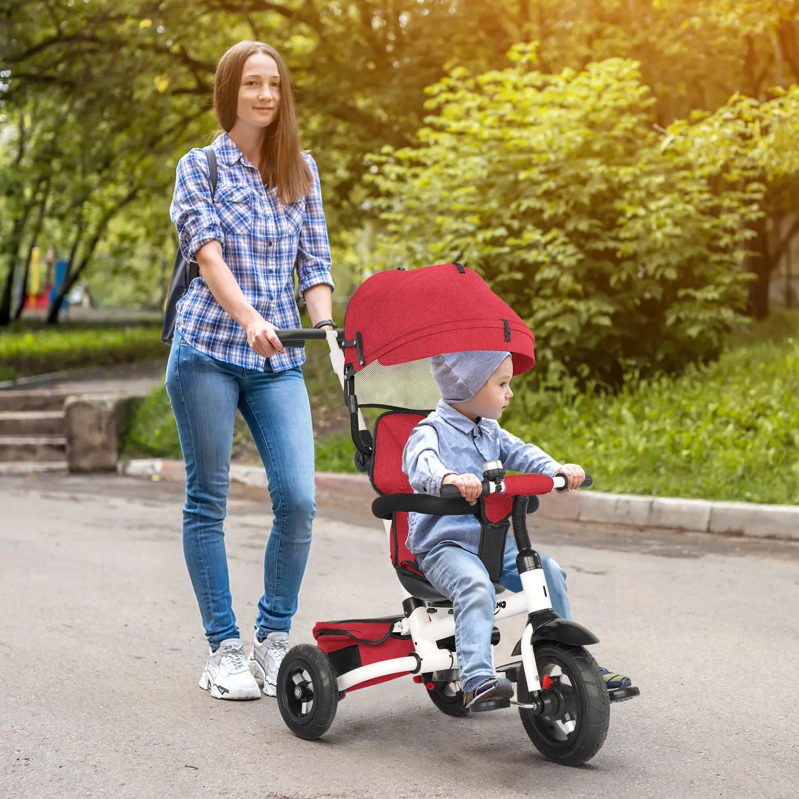 Kids Tricycle，Kids Folding Steer Stroller with Rotatable Seat, Adjustable Push Handle & Canopy, Safety Harness, Storage Bag