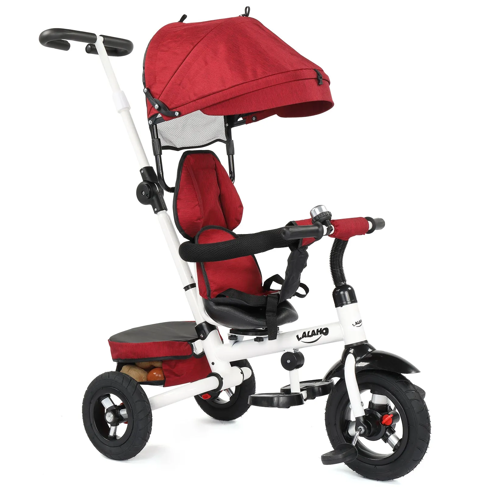 Kids Tricycle，Kids Folding Steer Stroller with Rotatable Seat, Adjustable Push Handle & Canopy, Safety Harness, Storage Bag