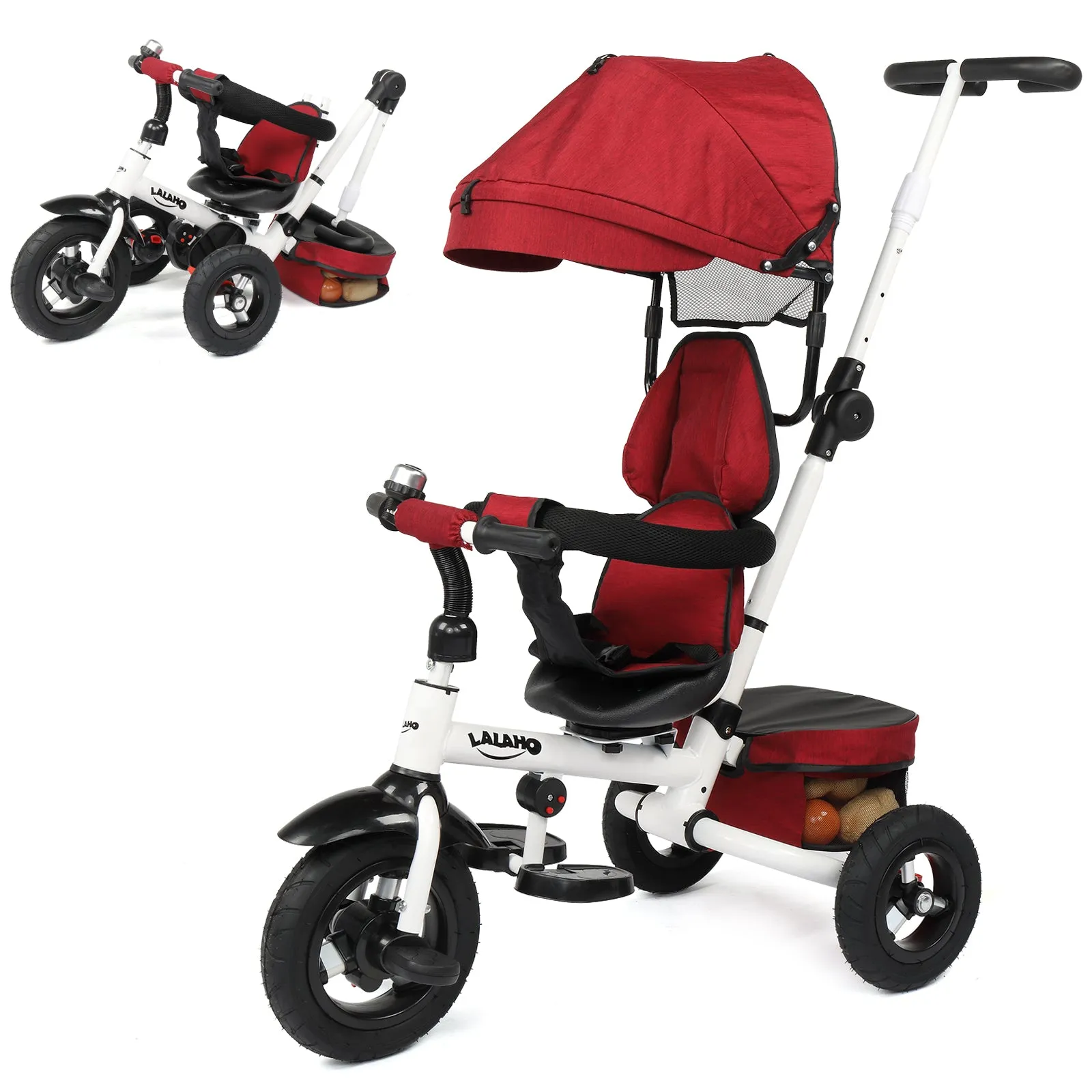 Kids Tricycle，Kids Folding Steer Stroller with Rotatable Seat, Adjustable Push Handle & Canopy, Safety Harness, Storage Bag