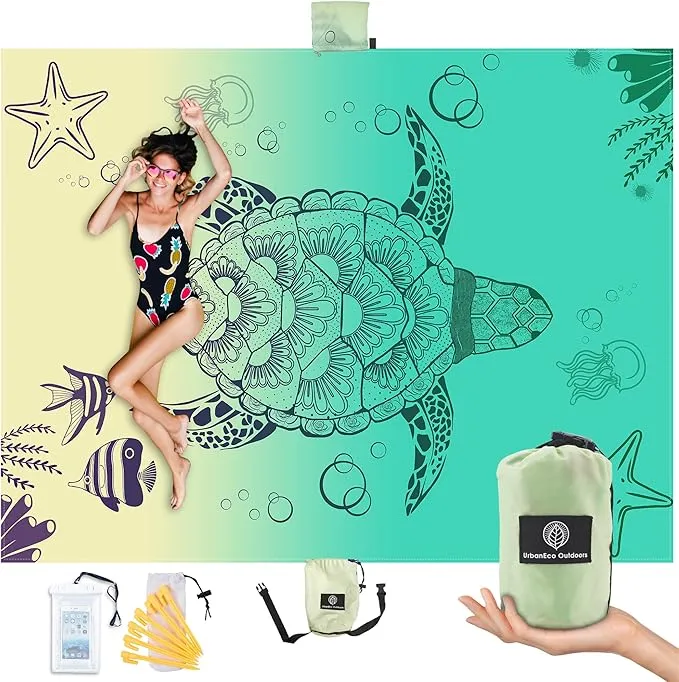 Lightweight Beach Blanket - Oversized 107" x 77" - Waterproof Sandproof - Double Anchored for Fun Leisure Beach Blanket - with Stake and Pouch - Durable Sand Beach Mat