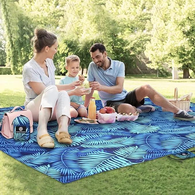Lightweight Beach Blanket - Oversized 107" x 77" - Waterproof Sandproof - Double Anchored for Fun Leisure Beach Blanket - with Stake and Pouch - Durable Sand Beach Mat