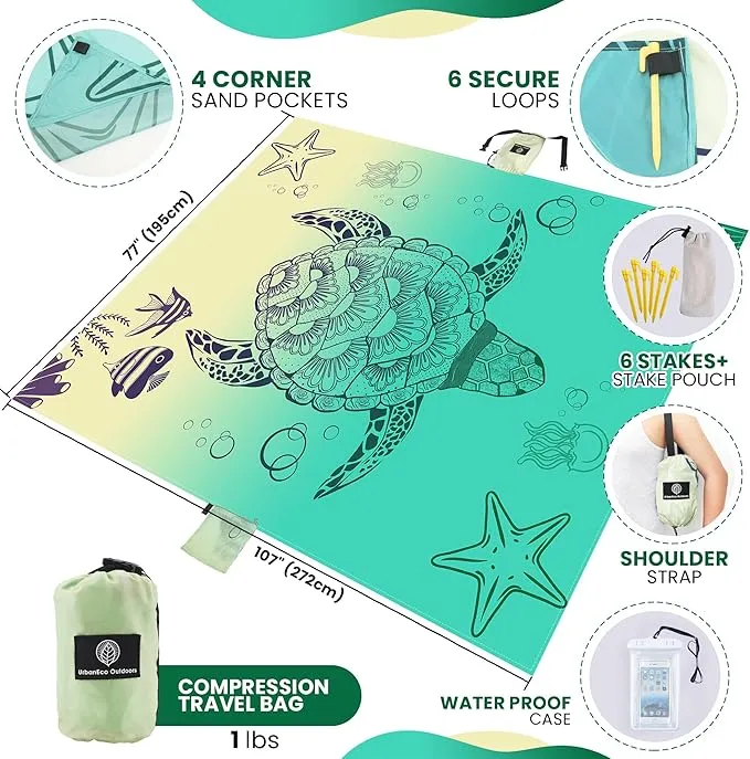 Lightweight Beach Blanket - Oversized 107" x 77" - Waterproof Sandproof - Double Anchored for Fun Leisure Beach Blanket - with Stake and Pouch - Durable Sand Beach Mat