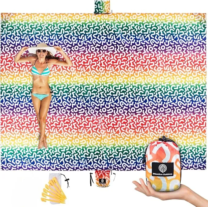 Lightweight Beach Blanket - Oversized 107" x 77" - Waterproof Sandproof - Double Anchored for Fun Leisure Beach Blanket - with Stake and Pouch - Durable Sand Beach Mat