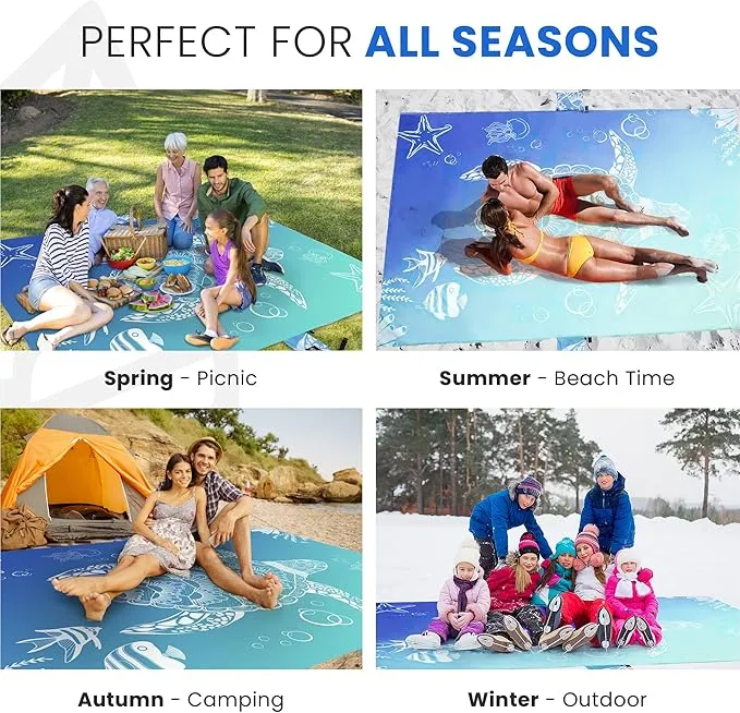 Lightweight Beach Blanket - Oversized 107" x 77" - Waterproof Sandproof - Double Anchored for Fun Leisure Beach Blanket - with Stake and Pouch - Durable Sand Beach Mat