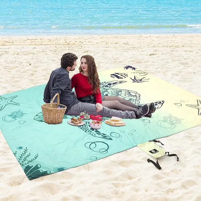 Lightweight Beach Blanket - Oversized 107" x 77" - Waterproof Sandproof - Double Anchored for Fun Leisure Beach Blanket - with Stake and Pouch - Durable Sand Beach Mat