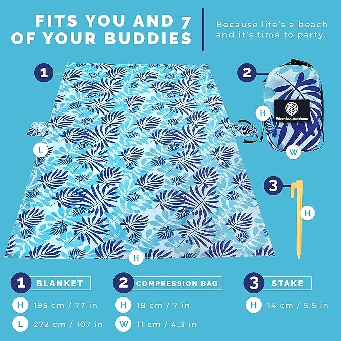 Lightweight Beach Blanket - Oversized 107" x 77" - Waterproof Sandproof - Double Anchored for Fun Leisure Beach Blanket - with Stake and Pouch - Durable Sand Beach Mat