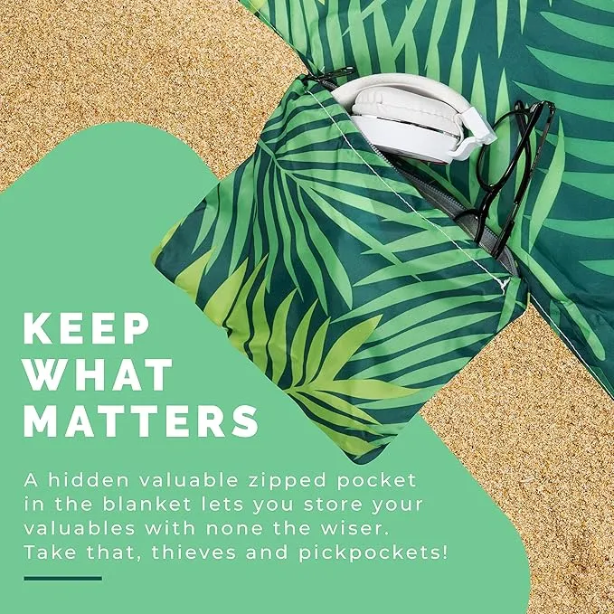 Lightweight Beach Blanket - Oversized 107" x 77" - Waterproof Sandproof - Double Anchored for Fun Leisure Beach Blanket - with Stake and Pouch - Durable Sand Beach Mat