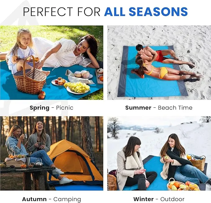 Lightweight Beach Blanket - Oversized 107" x 77" - Waterproof Sandproof - Double Anchored for Fun Leisure Beach Blanket - with Stake and Pouch - Durable Sand Beach Mat