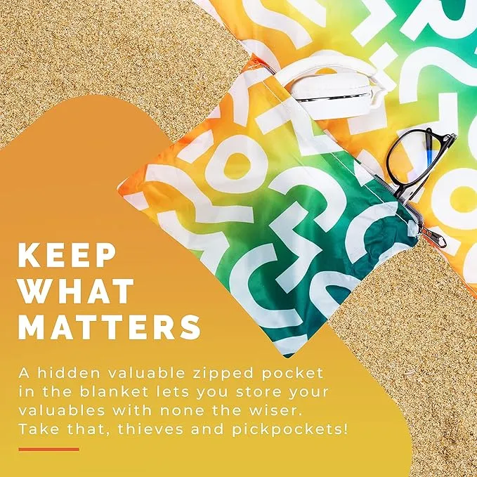 Lightweight Beach Blanket - Oversized 107" x 77" - Waterproof Sandproof - Double Anchored for Fun Leisure Beach Blanket - with Stake and Pouch - Durable Sand Beach Mat