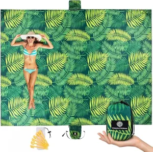 Lightweight Beach Blanket - Oversized 107" x 77" - Waterproof Sandproof - Double Anchored for Fun Leisure Beach Blanket - with Stake and Pouch - Durable Sand Beach Mat
