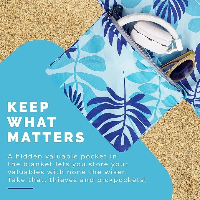 Lightweight Beach Blanket - Oversized 107" x 77" - Waterproof Sandproof - Double Anchored for Fun Leisure Beach Blanket - with Stake and Pouch - Durable Sand Beach Mat