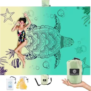 Lightweight Beach Blanket - Oversized 107" x 77" - Waterproof Sandproof - Double Anchored for Fun Leisure Beach Blanket - with Stake and Pouch - Durable Sand Beach Mat