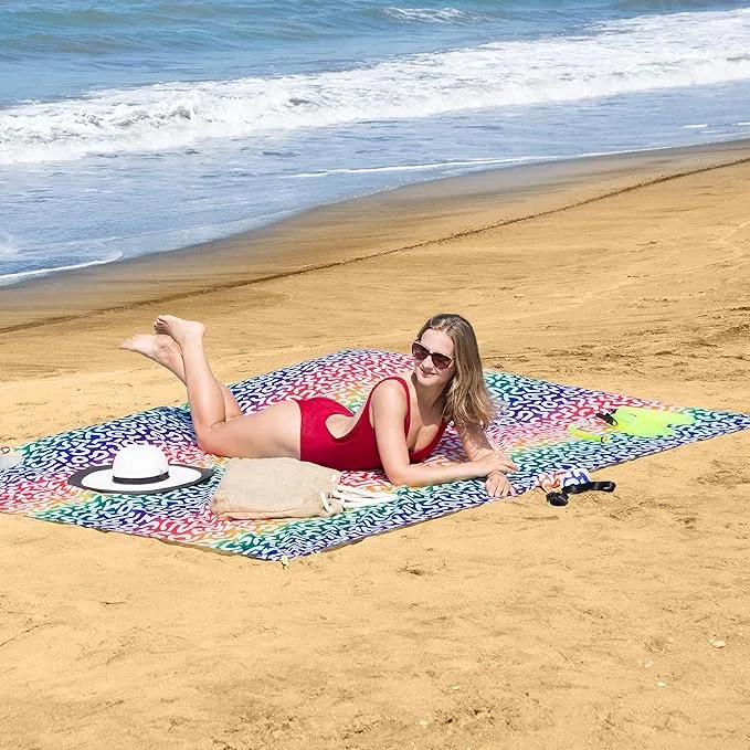 Lightweight Beach Blanket - Oversized 107" x 77" - Waterproof Sandproof - Double Anchored for Fun Leisure Beach Blanket - with Stake and Pouch - Durable Sand Beach Mat