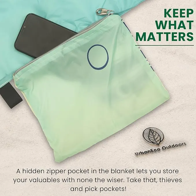 Lightweight Beach Blanket - Oversized 107" x 77" - Waterproof Sandproof - Double Anchored for Fun Leisure Beach Blanket - with Stake and Pouch - Durable Sand Beach Mat