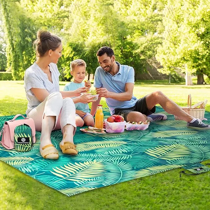 Lightweight Beach Blanket - Oversized 107" x 77" - Waterproof Sandproof - Double Anchored for Fun Leisure Beach Blanket - with Stake and Pouch - Durable Sand Beach Mat