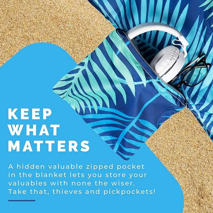 Lightweight Beach Blanket - Oversized 107" x 77" - Waterproof Sandproof - Double Anchored for Fun Leisure Beach Blanket - with Stake and Pouch - Durable Sand Beach Mat