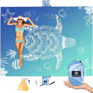 Lightweight Beach Blanket - Oversized 107" x 77" - Waterproof Sandproof - Double Anchored for Fun Leisure Beach Blanket - with Stake and Pouch - Durable Sand Beach Mat