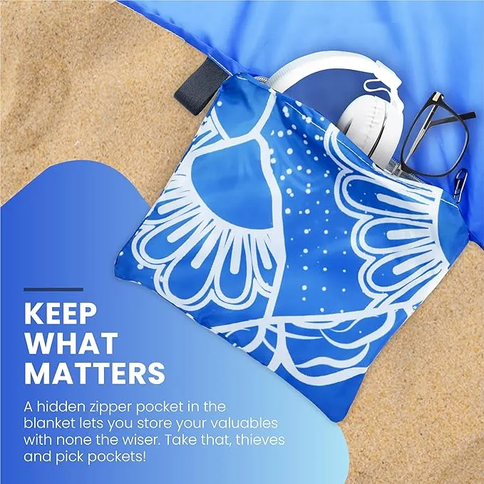 Lightweight Beach Blanket - Oversized 107" x 77" - Waterproof Sandproof - Double Anchored for Fun Leisure Beach Blanket - with Stake and Pouch - Durable Sand Beach Mat