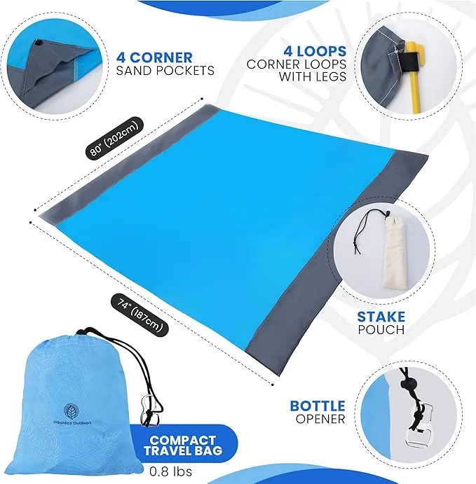 Lightweight Beach Blanket - Oversized 107" x 77" - Waterproof Sandproof - Double Anchored for Fun Leisure Beach Blanket - with Stake and Pouch - Durable Sand Beach Mat