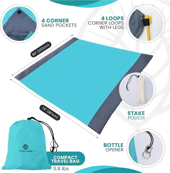 Lightweight Beach Blanket - Oversized 107" x 77" - Waterproof Sandproof - Double Anchored for Fun Leisure Beach Blanket - with Stake and Pouch - Durable Sand Beach Mat