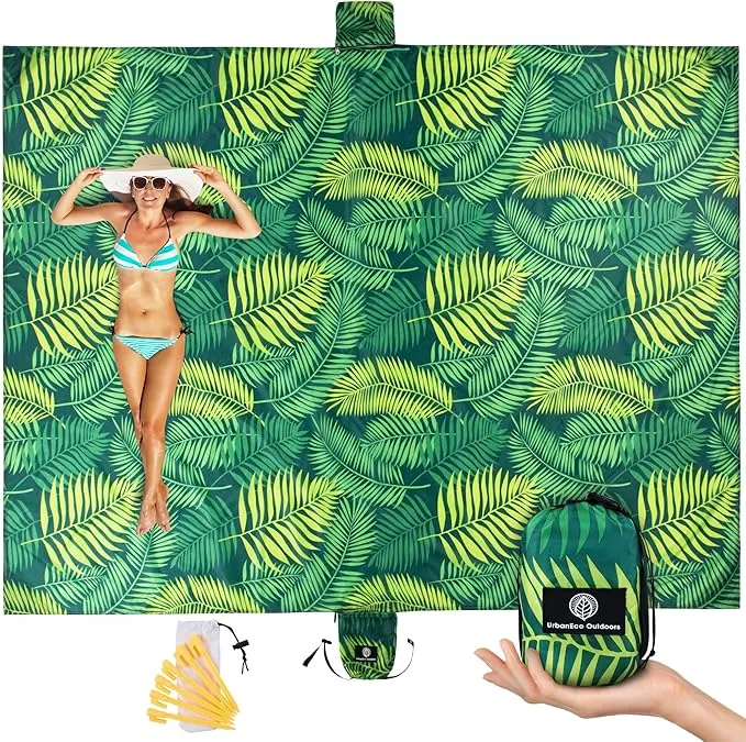 Lightweight Beach Blanket - Oversized 107" x 77" - Waterproof Sandproof - Double Anchored for Fun Leisure Beach Blanket - with Stake and Pouch - Durable Sand Beach Mat