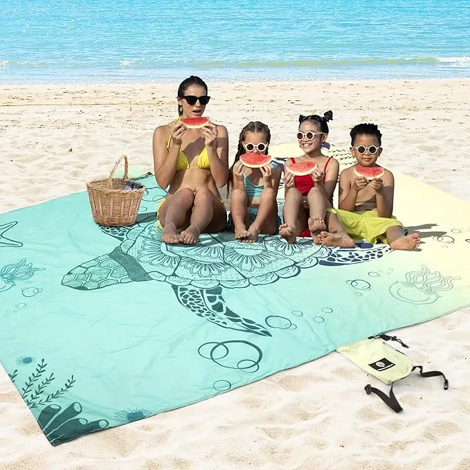Lightweight Beach Blanket - Oversized 107" x 77" - Waterproof Sandproof - Double Anchored for Fun Leisure Beach Blanket - with Stake and Pouch - Durable Sand Beach Mat