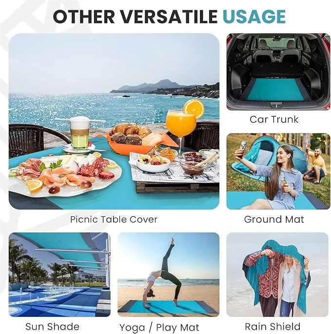 Lightweight Beach Blanket - Oversized 107" x 77" - Waterproof Sandproof - Double Anchored for Fun Leisure Beach Blanket - with Stake and Pouch - Durable Sand Beach Mat