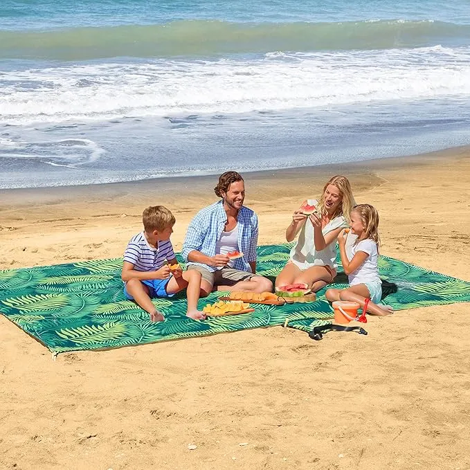 Lightweight Beach Blanket - Oversized 107" x 77" - Waterproof Sandproof - Double Anchored for Fun Leisure Beach Blanket - with Stake and Pouch - Durable Sand Beach Mat