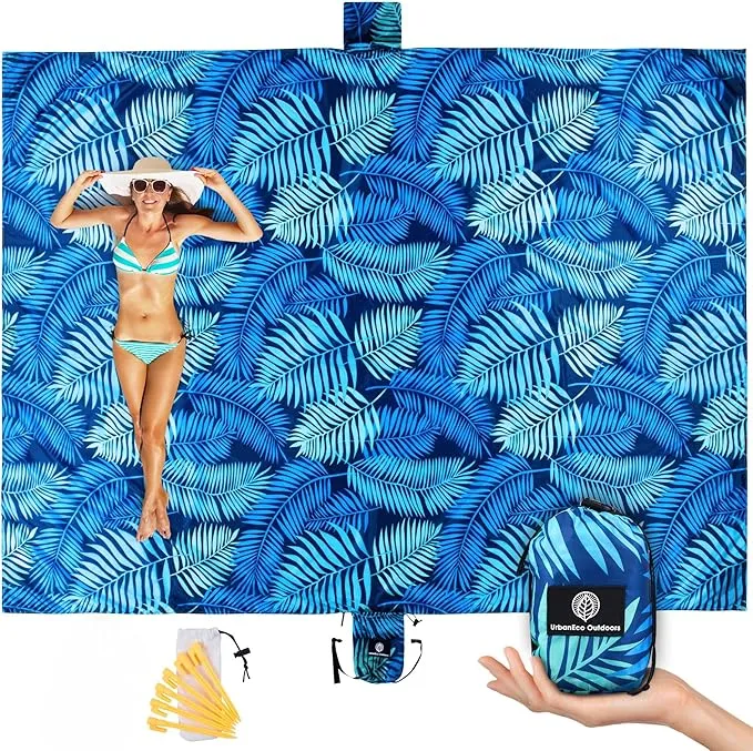Lightweight Beach Blanket - Oversized 107" x 77" - Waterproof Sandproof - Double Anchored for Fun Leisure Beach Blanket - with Stake and Pouch - Durable Sand Beach Mat