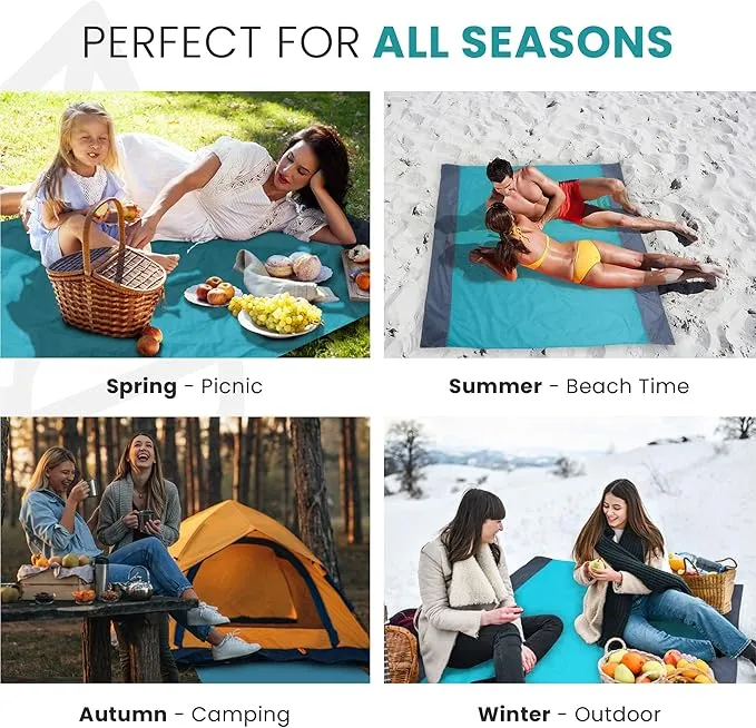 Lightweight Beach Blanket - Oversized 107" x 77" - Waterproof Sandproof - Double Anchored for Fun Leisure Beach Blanket - with Stake and Pouch - Durable Sand Beach Mat
