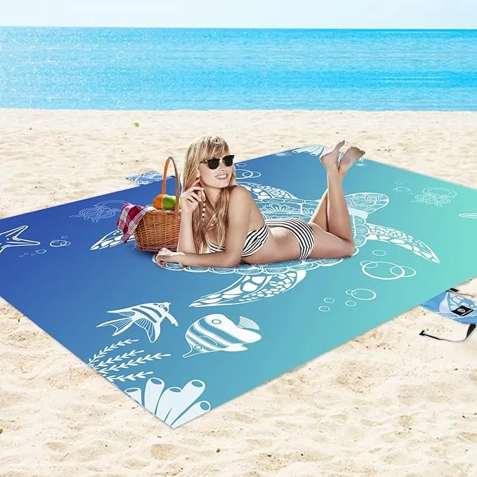 Lightweight Beach Blanket - Oversized 107" x 77" - Waterproof Sandproof - Double Anchored for Fun Leisure Beach Blanket - with Stake and Pouch - Durable Sand Beach Mat