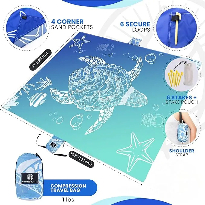 Lightweight Beach Blanket - Oversized 107" x 77" - Waterproof Sandproof - Double Anchored for Fun Leisure Beach Blanket - with Stake and Pouch - Durable Sand Beach Mat