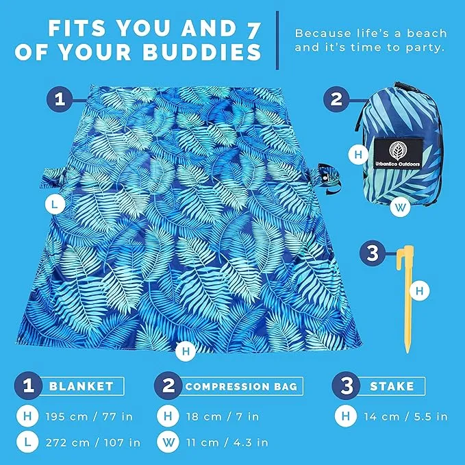 Lightweight Beach Blanket - Oversized 107" x 77" - Waterproof Sandproof - Double Anchored for Fun Leisure Beach Blanket - with Stake and Pouch - Durable Sand Beach Mat