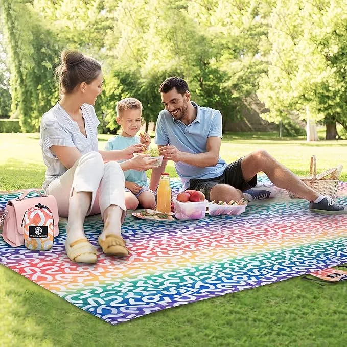 Lightweight Beach Blanket - Oversized 107" x 77" - Waterproof Sandproof - Double Anchored for Fun Leisure Beach Blanket - with Stake and Pouch - Durable Sand Beach Mat