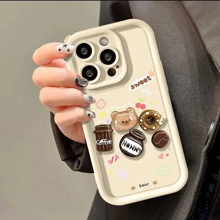 luxury design 3D cute Coffee Bear doll phone case For iPhone 15 Pro Max 14 13 12 11 XS XR Fancy Shockproof Camera Protect Cover