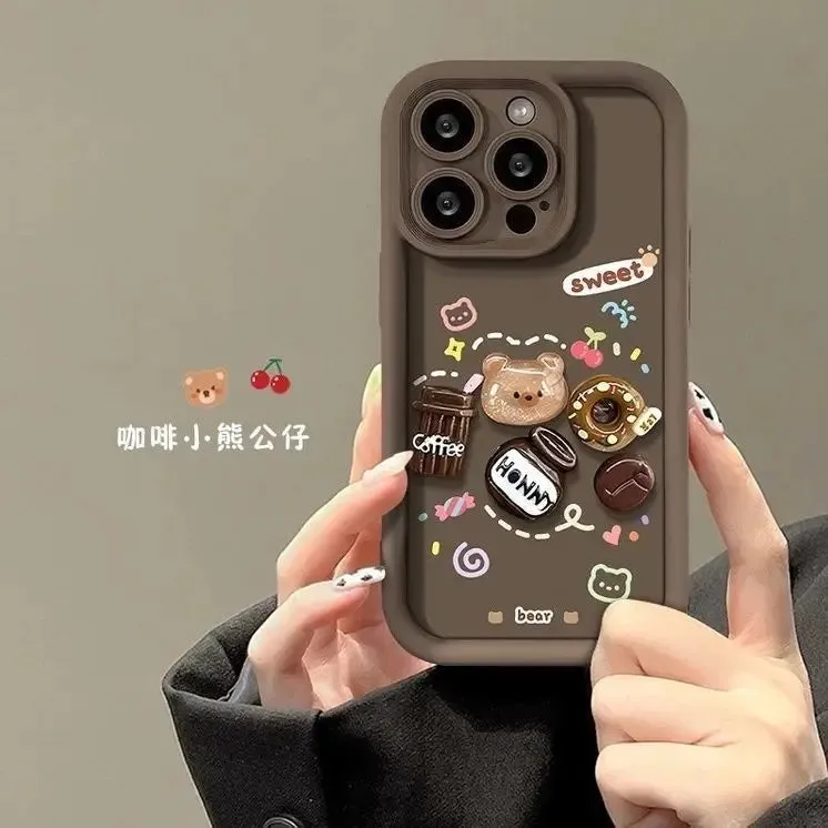 luxury design 3D cute Coffee Bear doll phone case For iPhone 15 Pro Max 14 13 12 11 XS XR Fancy Shockproof Camera Protect Cover