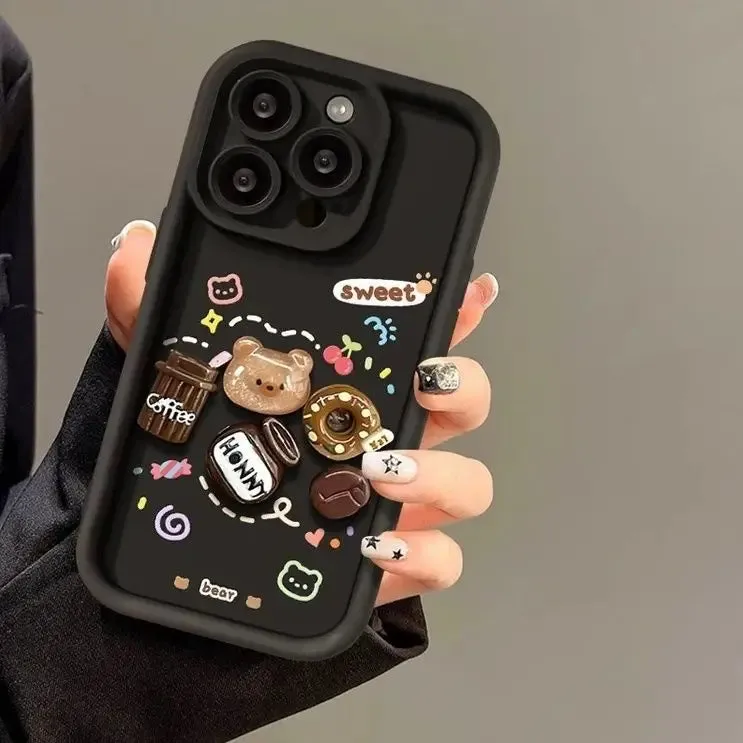 luxury design 3D cute Coffee Bear doll phone case For iPhone 15 Pro Max 14 13 12 11 XS XR Fancy Shockproof Camera Protect Cover
