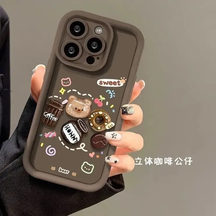 luxury design 3D cute Coffee Bear doll phone case For iPhone 15 Pro Max 14 13 12 11 XS XR Fancy Shockproof Camera Protect Cover
