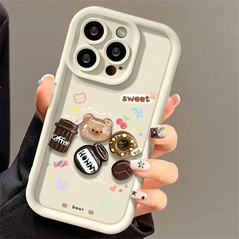 luxury design 3D cute Coffee Bear doll phone case For iPhone 15 Pro Max 14 13 12 11 XS XR Fancy Shockproof Camera Protect Cover