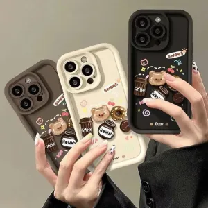 luxury design 3D cute Coffee Bear doll phone case For iPhone 15 Pro Max 14 13 12 11 XS XR Fancy Shockproof Camera Protect Cover