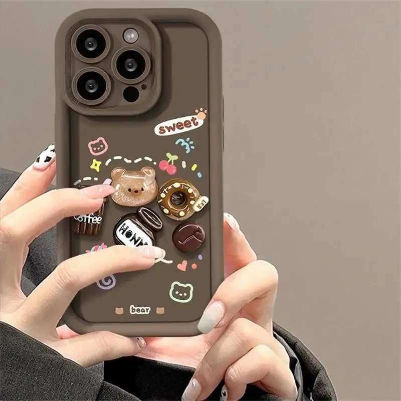luxury design 3D cute Coffee Bear doll phone case For iPhone 15 Pro Max 14 13 12 11 XS XR Fancy Shockproof Camera Protect Cover