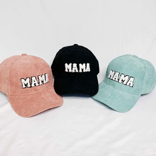 MAMA Corduroy Ball Cap – Fuzzy Letter Patch Hat with Adjustable Clip Closure