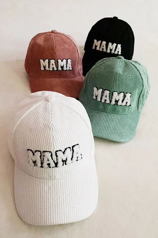 MAMA Corduroy Ball Cap – Fuzzy Letter Patch Hat with Adjustable Clip Closure