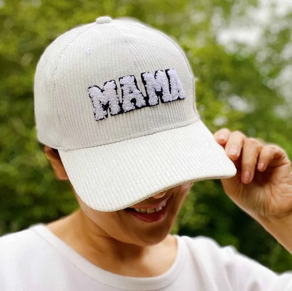MAMA Corduroy Ball Cap – Fuzzy Letter Patch Hat with Adjustable Clip Closure