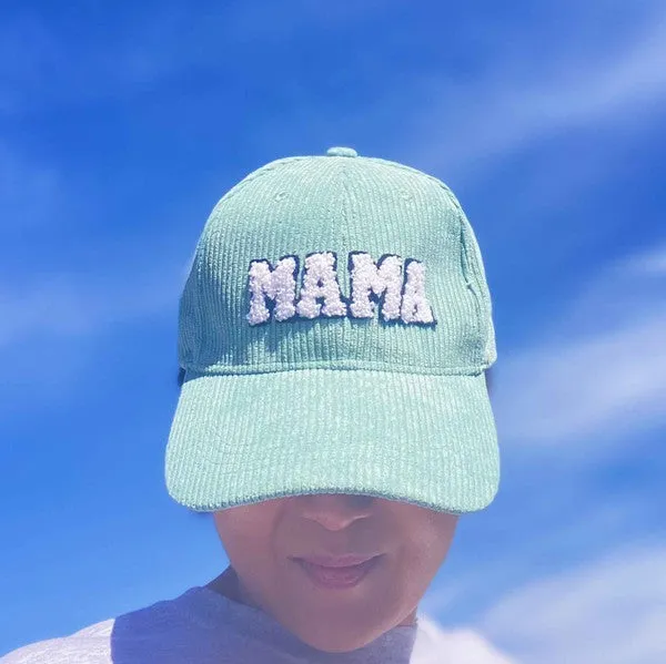 MAMA Corduroy Ball Cap – Fuzzy Letter Patch Hat with Adjustable Clip Closure