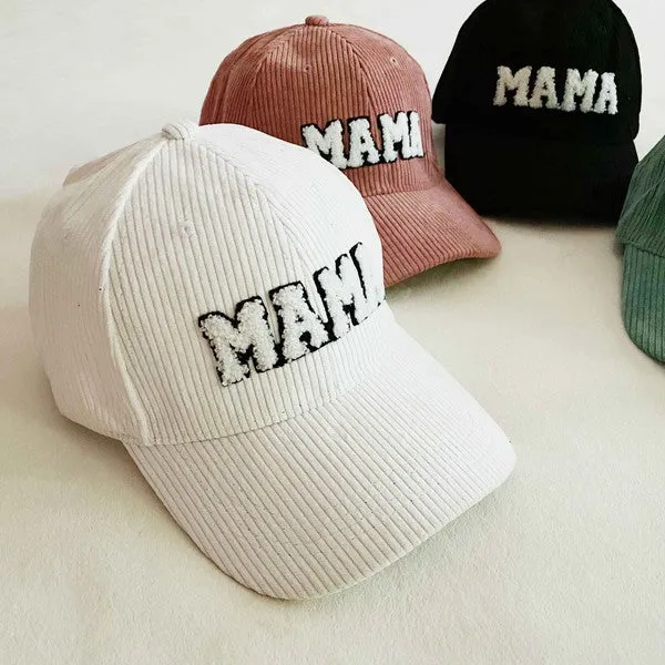 MAMA Corduroy Ball Cap – Fuzzy Letter Patch Hat with Adjustable Clip Closure